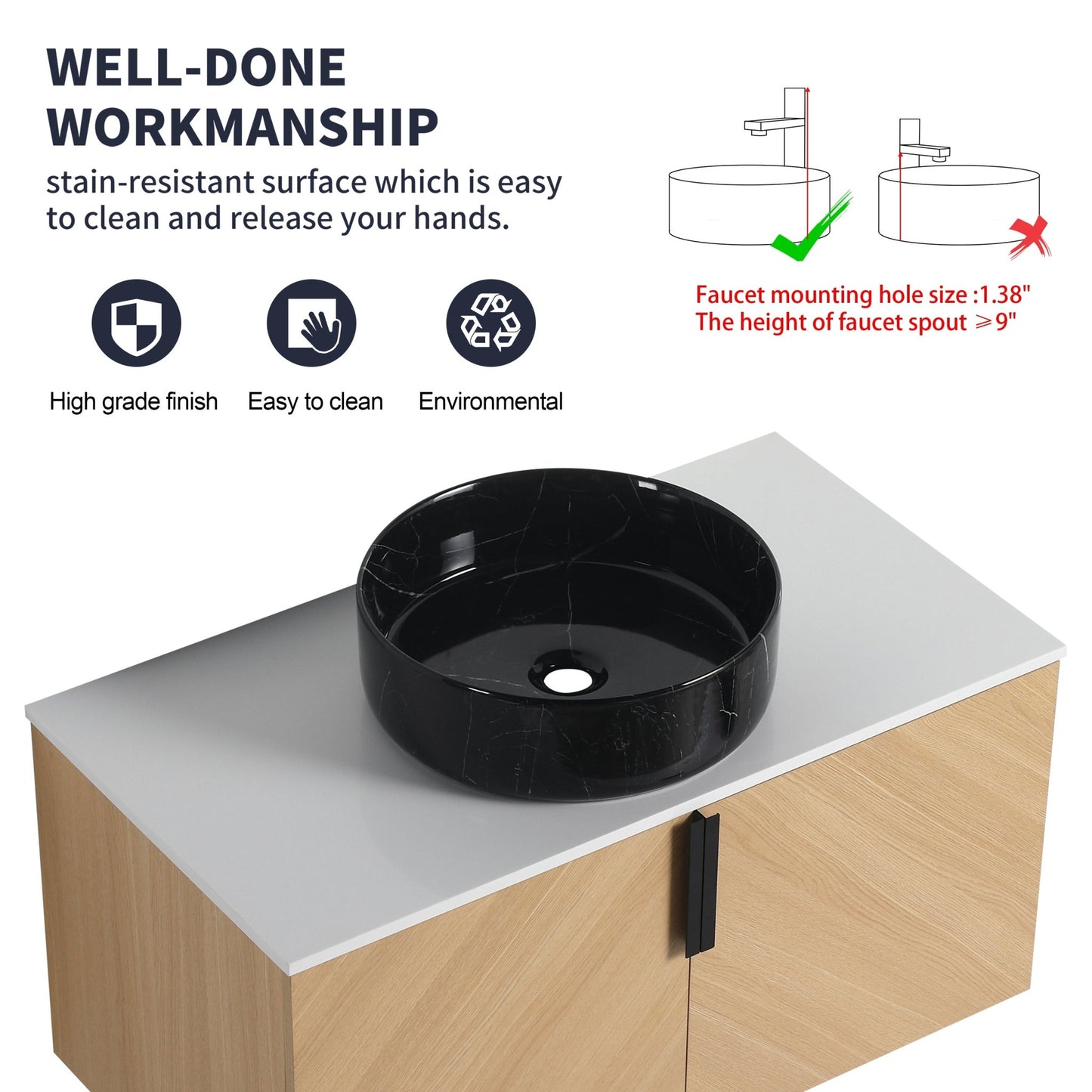 36' Bathroom Vanity With Top Ceramic Art Sink and Artificial Stone Slab, 2 - Soft Close Door, Wall - Mounted Mounting Design, Plywood (KD - Packing) - 1st Choice Furniture Direct