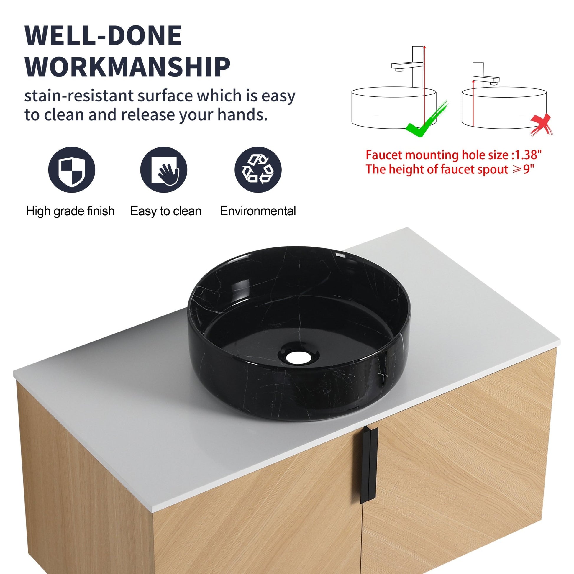 36' Bathroom Vanity With Top Ceramic Art Sink and Artificial Stone Slab, 2 - Soft Close Door, Wall - Mounted Mounting Design, Plywood (KD - Packing) - 1st Choice Furniture Direct