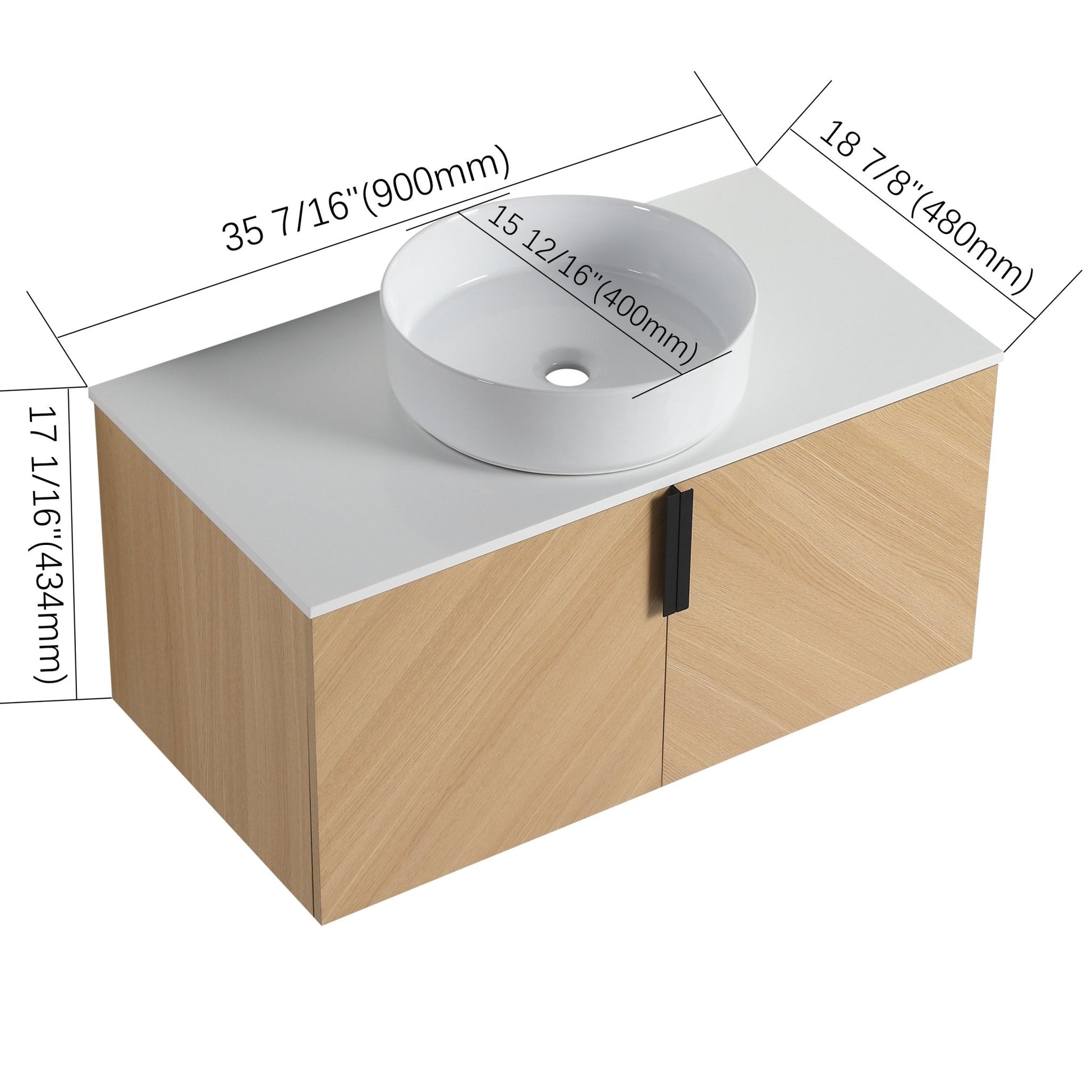 36' Bathroom Vanity With Top Ceramic Art Sink and Artificial Stone Slab, 2 - Soft Close Door, Wall - Mounted Mounting Design, Plywood (KD - Packing) - 1st Choice Furniture Direct