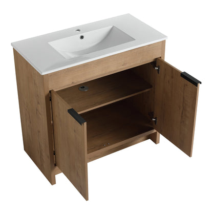 36' Freestanding Bathroom Vanity with White Ceramic Sink & 2 Soft - Close Cabinet Doors ((KD - PACKING),BVB02436IMO - F - BL9090B - 1st Choice Furniture Direct