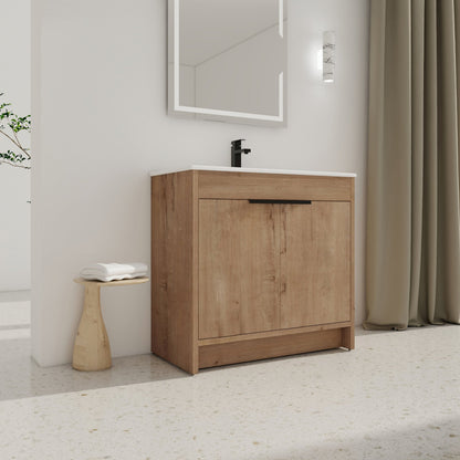 36' Freestanding Bathroom Vanity with White Ceramic Sink & 2 Soft - Close Cabinet Doors ((KD - PACKING),BVB02436IMO - F - BL9090B - 1st Choice Furniture Direct