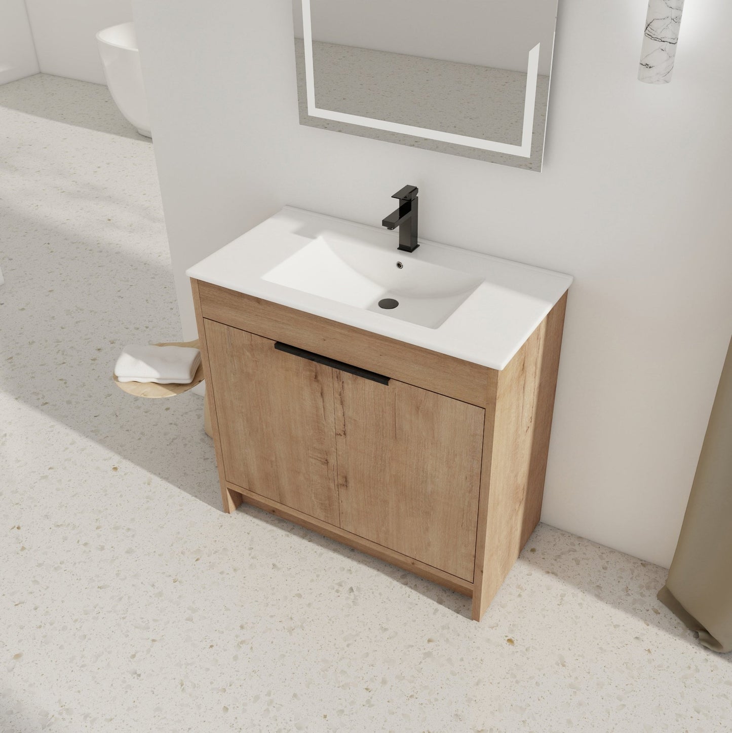 36' Freestanding Bathroom Vanity with White Ceramic Sink & 2 Soft - Close Cabinet Doors ((KD - PACKING),BVB02436IMO - F - BL9090B - 1st Choice Furniture Direct
