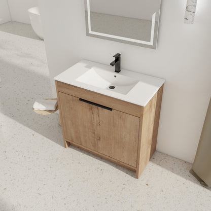 36' Freestanding Bathroom Vanity with White Ceramic Sink & 2 Soft - Close Cabinet Doors ((KD - PACKING),BVB02436IMO - F - BL9090B - 1st Choice Furniture Direct