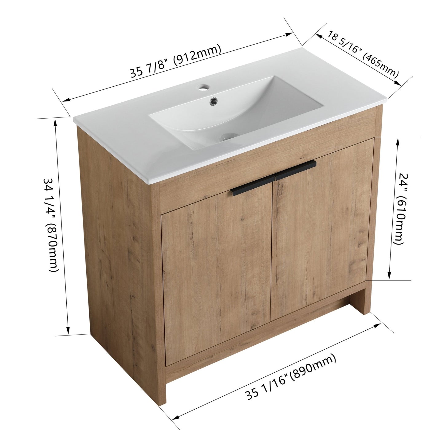 36' Freestanding Bathroom Vanity with White Ceramic Sink & 2 Soft - Close Cabinet Doors ((KD - PACKING),BVB02436IMO - F - BL9090B - 1st Choice Furniture Direct