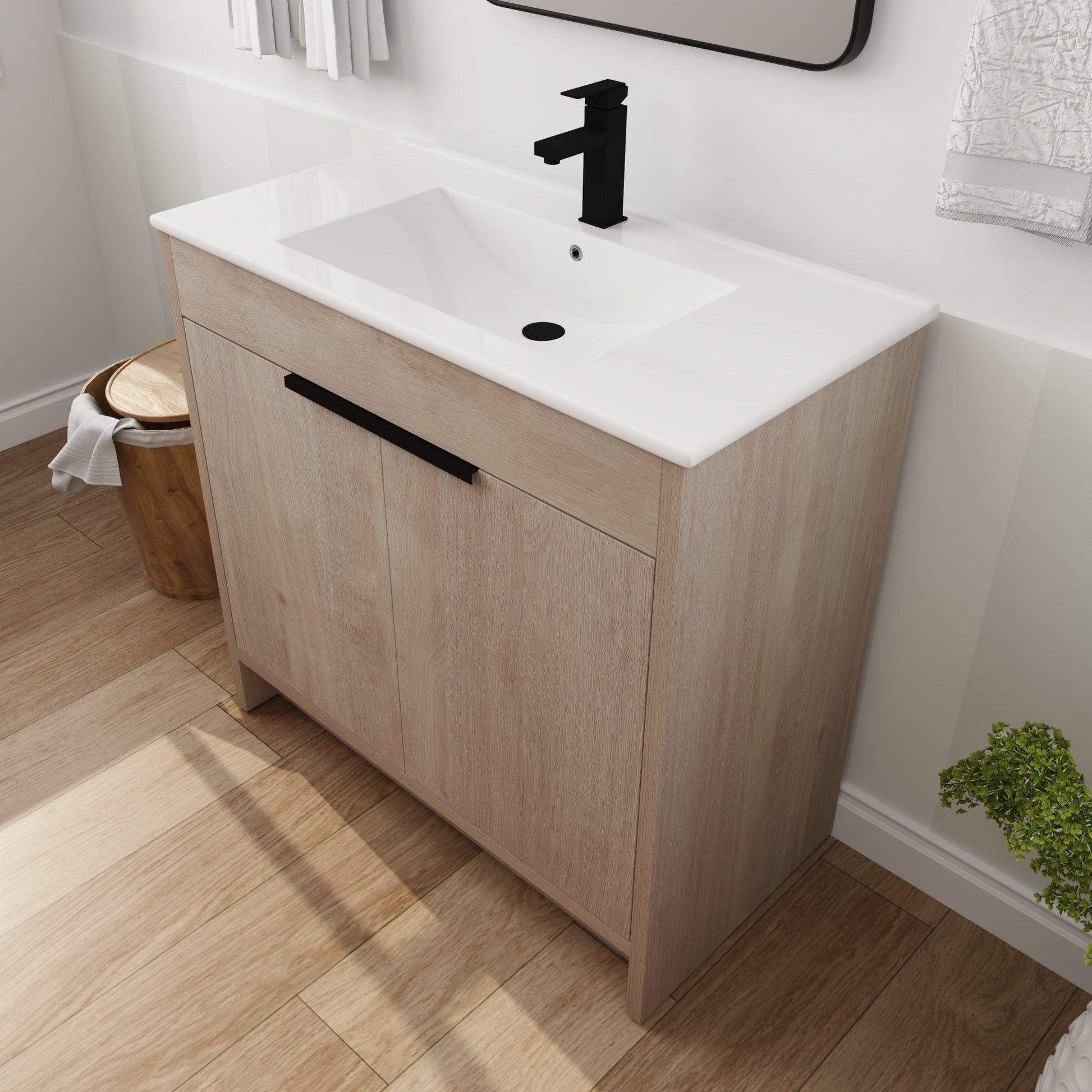 36 Inch Freestanding Bathroom Vanity with White Ceramic Sink & 2 Soft - Close Cabinet Doors (BVB02436PLO - F - BL9090B),W1286S00063 - 1st Choice Furniture Direct