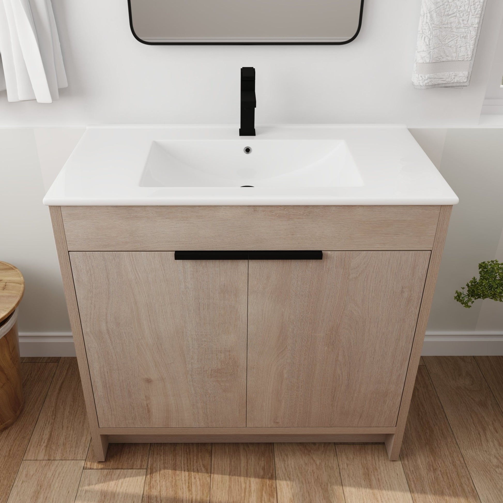 36 Inch Freestanding Bathroom Vanity with White Ceramic Sink & 2 Soft - Close Cabinet Doors (BVB02436PLO - F - BL9090B),W1286S00063 - 1st Choice Furniture Direct
