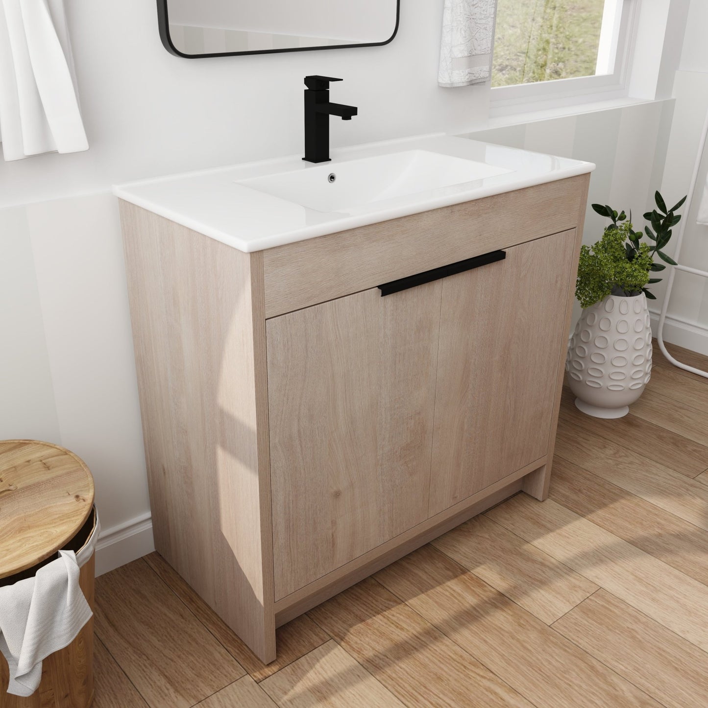 36 Inch Freestanding Bathroom Vanity with White Ceramic Sink & 2 Soft - Close Cabinet Doors (BVB02436PLO - F - BL9090B),W1286S00063 - 1st Choice Furniture Direct