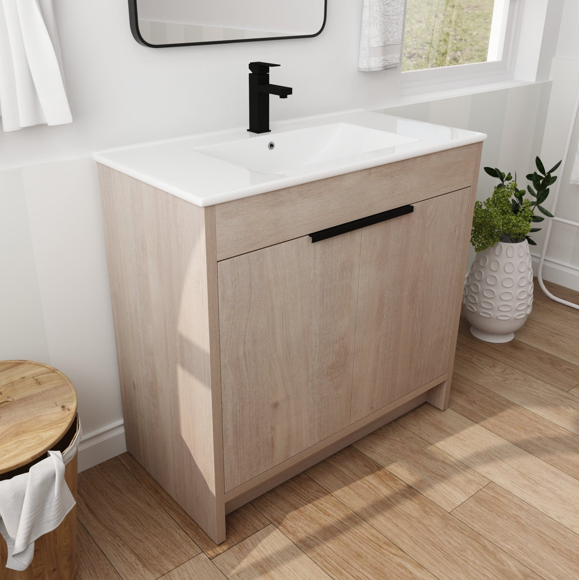 36 Inch Freestanding Bathroom Vanity with White Ceramic Sink & 2 Soft - Close Cabinet Doors (BVB02436PLO - F - BL9090B),W1286S00063 - 1st Choice Furniture Direct