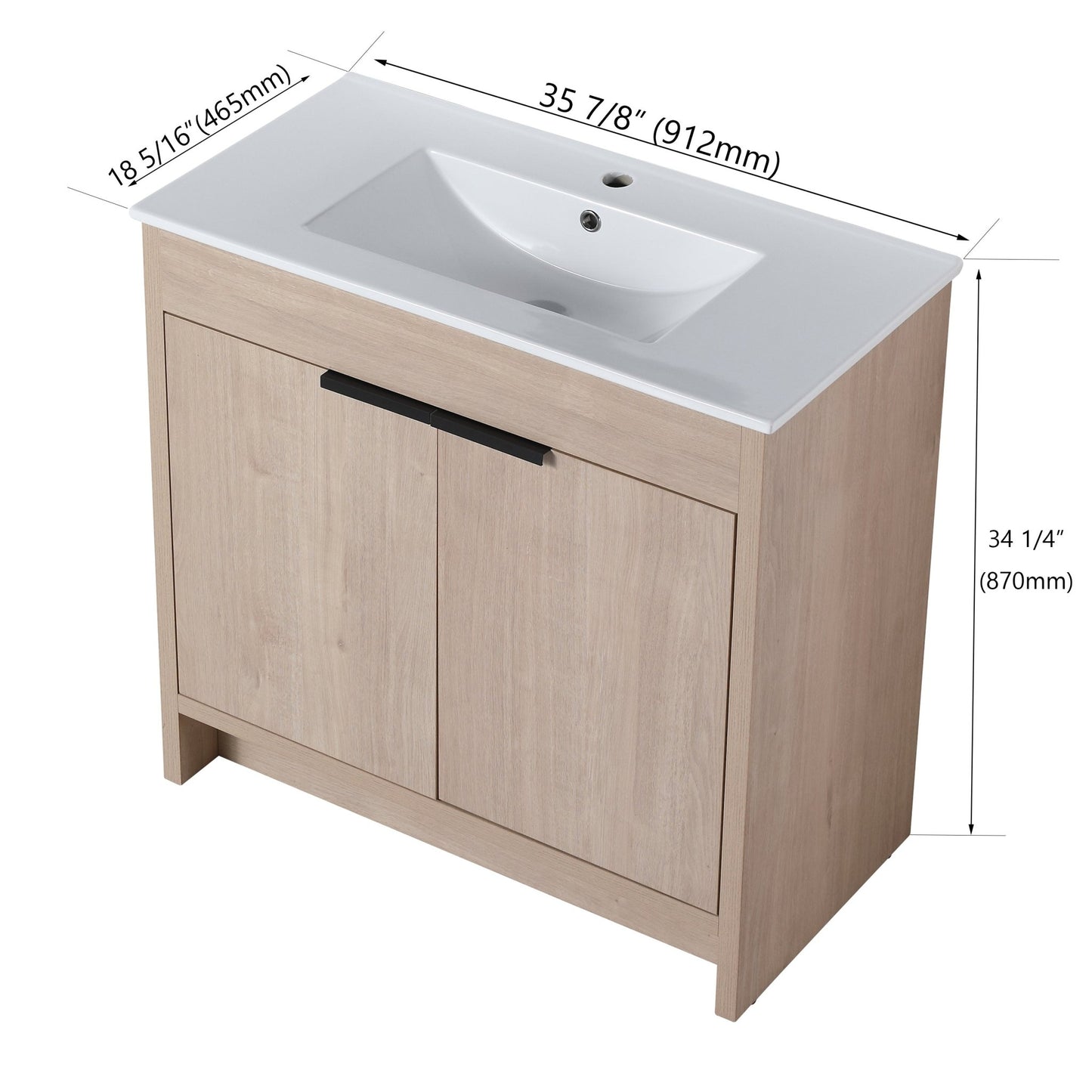 36 Inch Freestanding Bathroom Vanity with White Ceramic Sink & 2 Soft - Close Cabinet Doors (BVB02436PLO - F - BL9090B),W1286S00063 - 1st Choice Furniture Direct