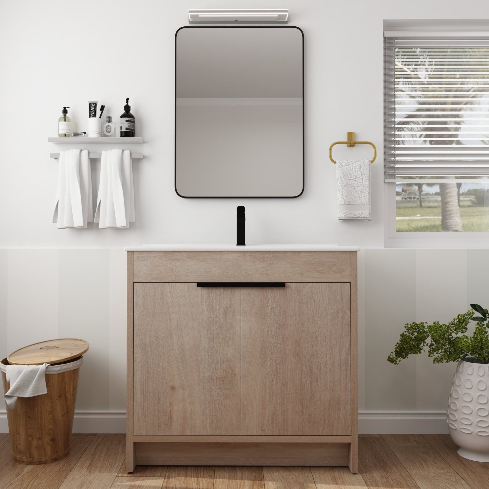 36 Inch Freestanding Bathroom Vanity with White Ceramic Sink & 2 Soft - Close Cabinet Doors (BVB02436PLO - F - BL9090B),W1286S00063 - 1st Choice Furniture Direct