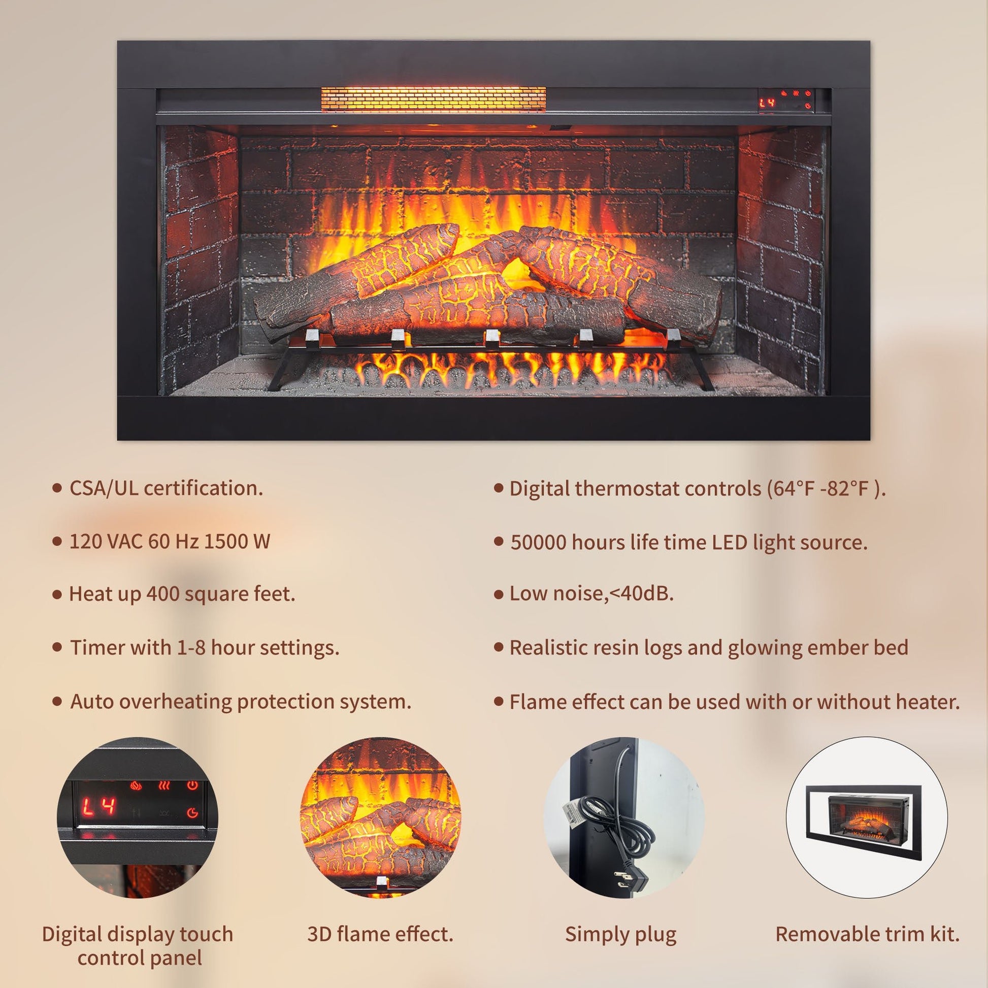 36 inch Infrared Electric Fireplace with Removable Trim kit Insert, Touch Panel Home Decor Heater - 1st Choice Furniture Direct