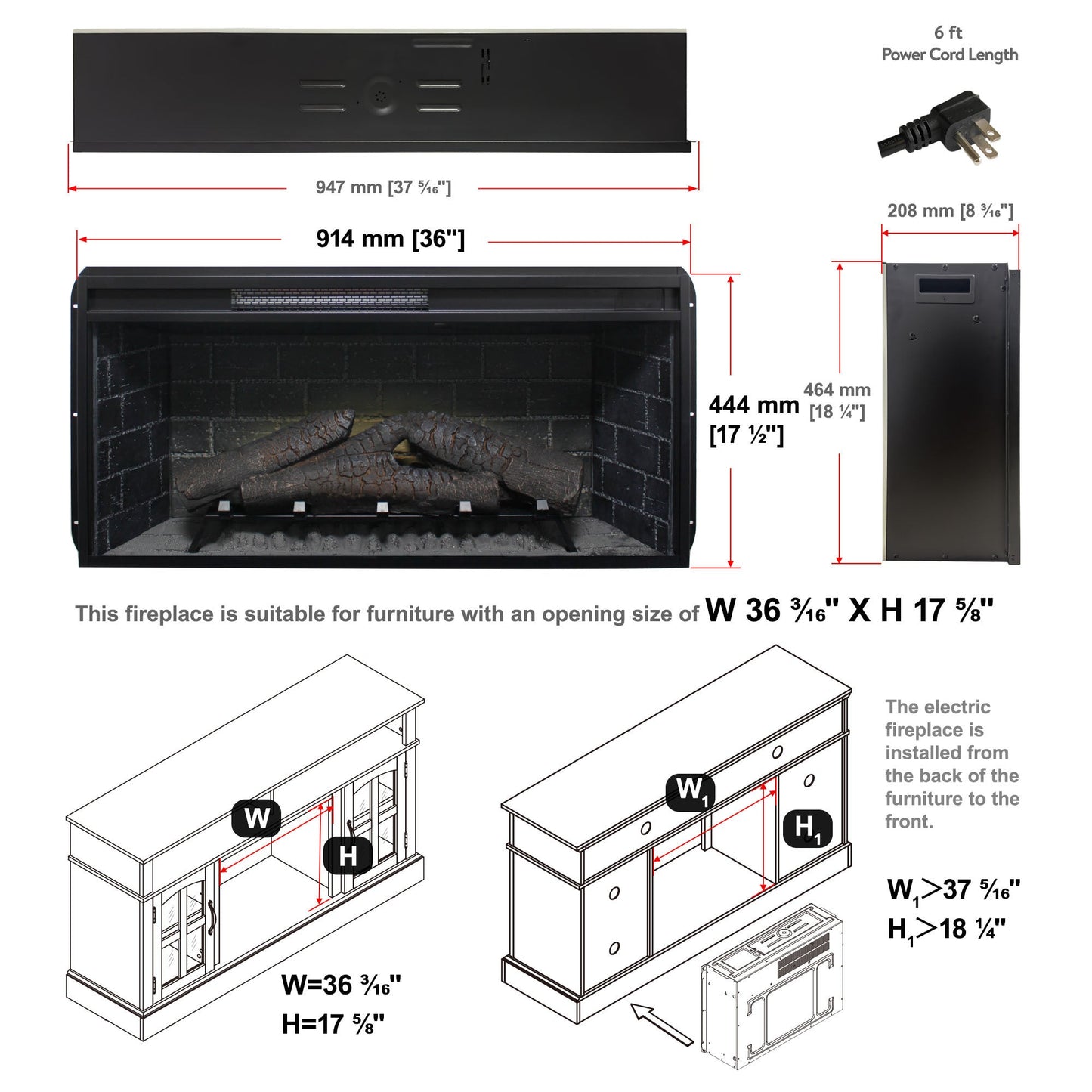 36 inch Infrared Electric Fireplace with Removable Trim kit Insert, Touch Panel Home Decor Heater - 1st Choice Furniture Direct