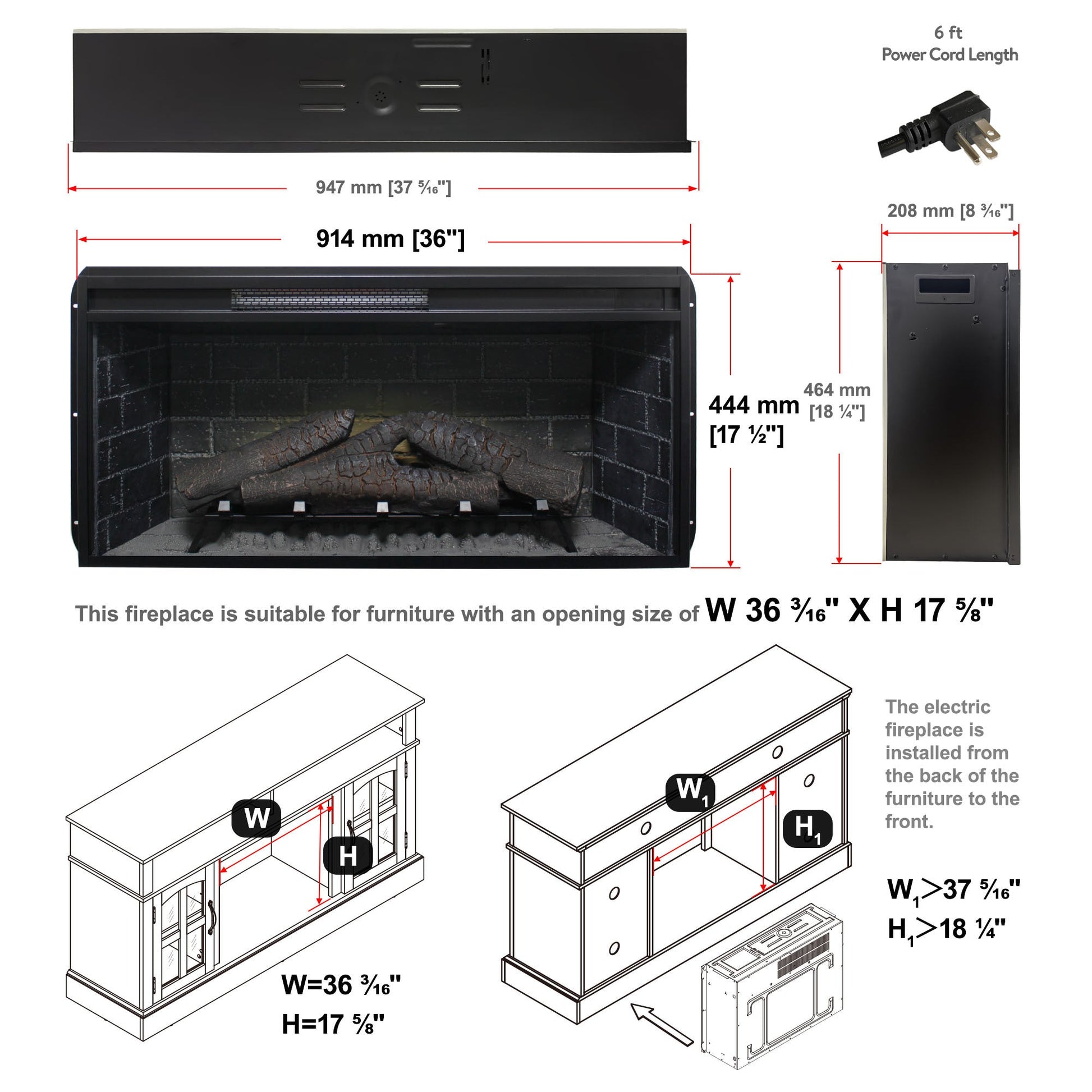 36 inch Infrared Electric Fireplace with Removable Trim kit Insert, Touch Panel Home Decor Heater - 1st Choice Furniture Direct