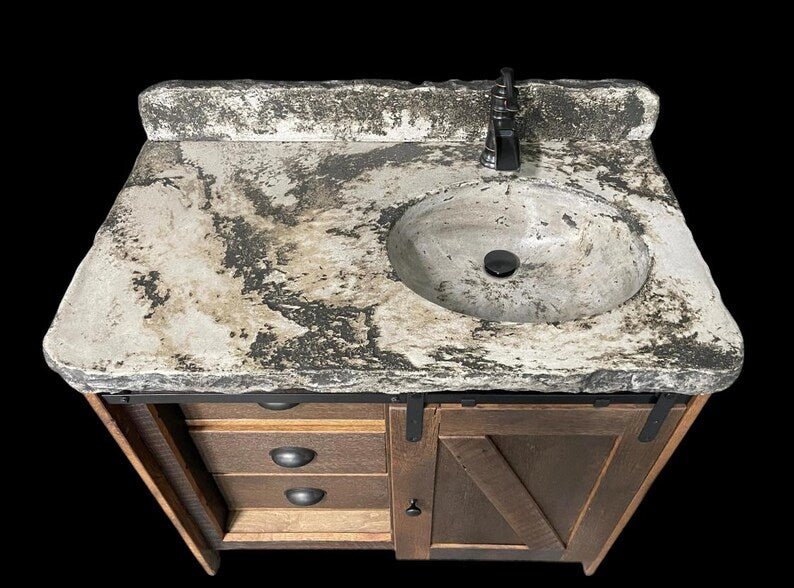 36 Inch Rustic Barn Door Bathroom Vanity with Concrete Top – Reclaimed Wood Vanity - 1st Choice Furniture Direct