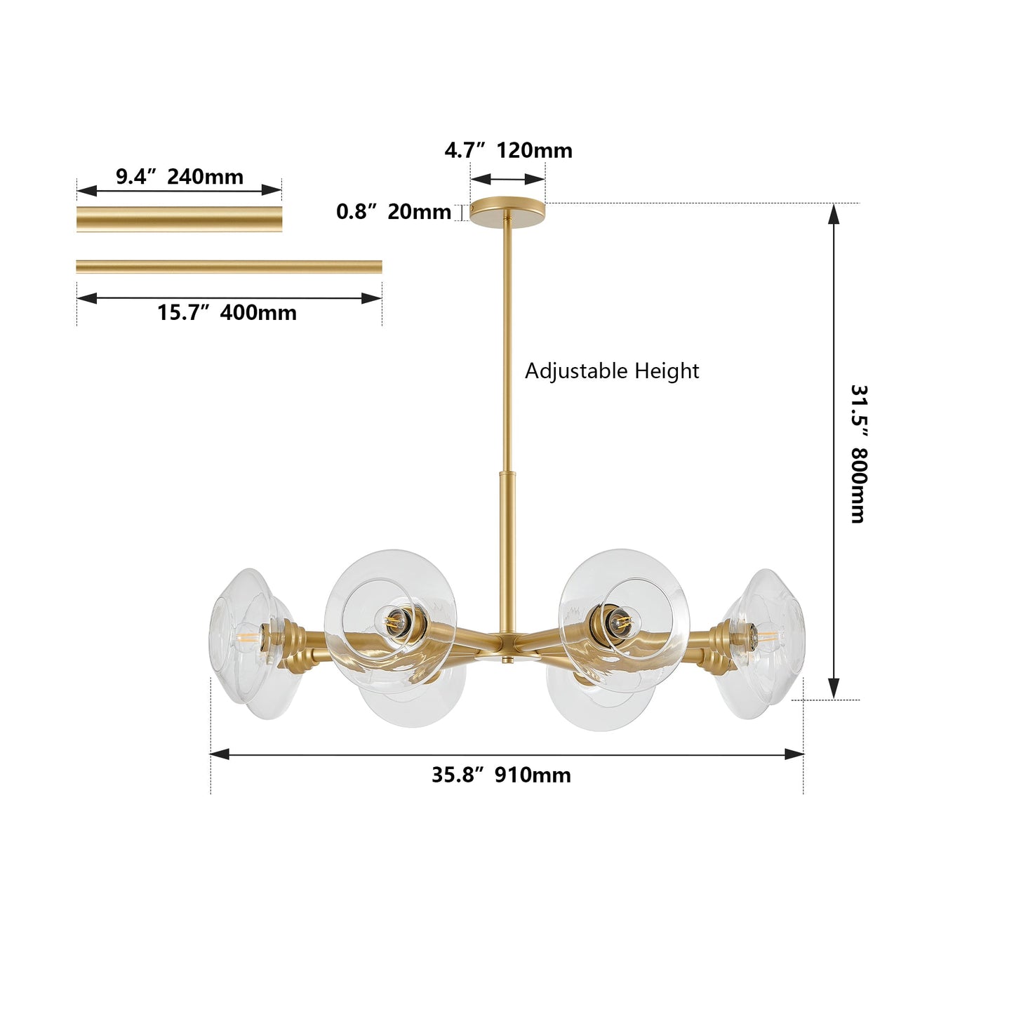 36' Modern Gold 8 - Light Sputnik Chandelier with Clear Glass Shades, Mid - Century Hanging Pendant Light Fixture for Dining Room, Living Room, or Kitchen (Bulb Not Included) - 1st Choice Furniture Direct