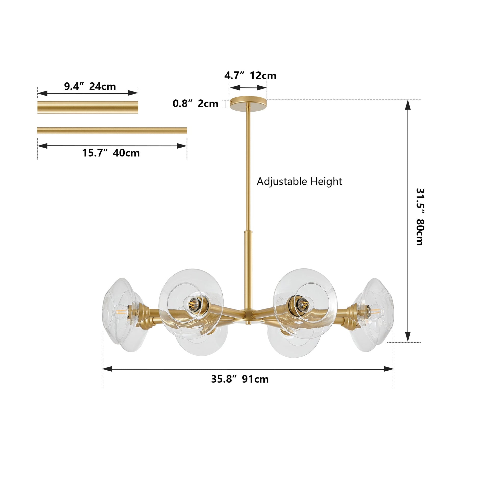 36' Modern Gold 8 - Light Sputnik Chandelier with Clear Glass Shades, Mid - Century Hanging Pendant Light Fixture for Dining Room, Living Room, or Kitchen (Bulb Not Included) - 1st Choice Furniture Direct
