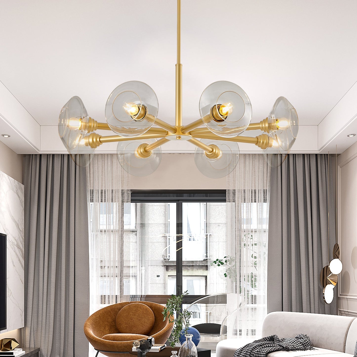 36' Modern Gold 8 - Light Sputnik Chandelier with Clear Glass Shades, Mid - Century Hanging Pendant Light Fixture for Dining Room, Living Room, or Kitchen (Bulb Not Included) - 1st Choice Furniture Direct