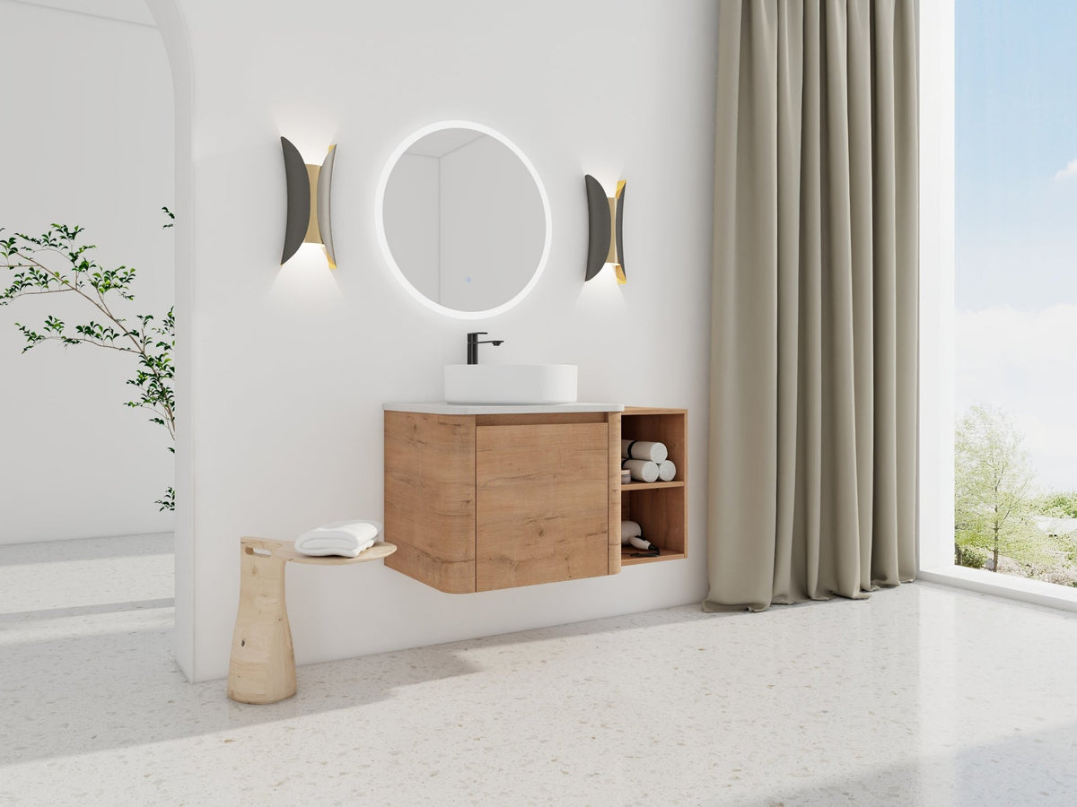 36'' Wall-Mounted Bathroom Vanity With Ceramic Art Sink, and Storage Shelves, Soft-Close Door, KD-Packing, Plywood - 1st Choice Furniture Direct