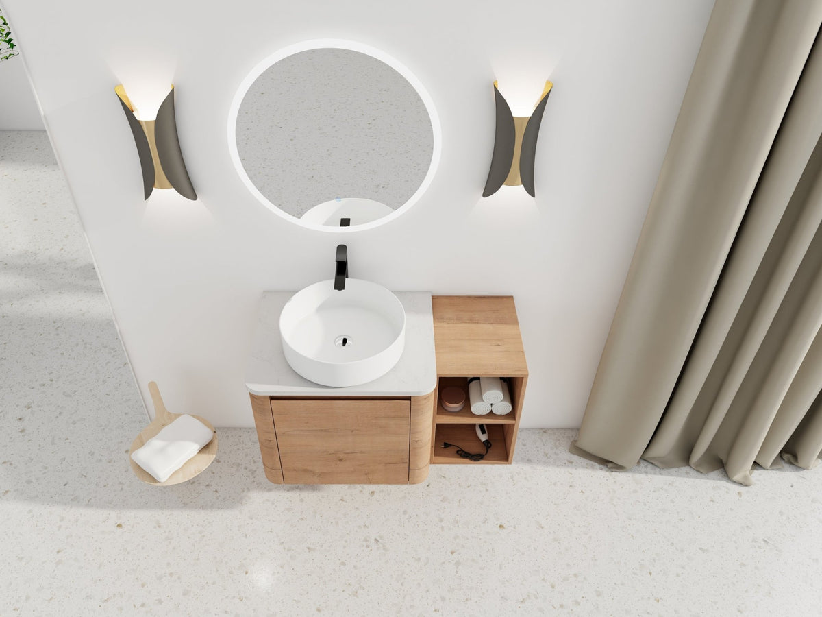 36'' Wall-Mounted Bathroom Vanity With Ceramic Art Sink, and Storage Shelves, Soft-Close Door, KD-Packing, Plywood - 1st Choice Furniture Direct