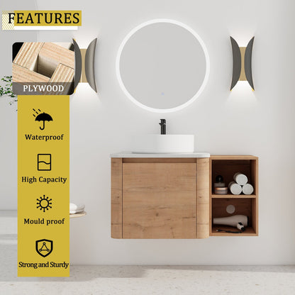 36'' Wall-Mounted Bathroom Vanity With Ceramic Art Sink, and Storage Shelves, Soft-Close Door, KD-Packing, Plywood - 1st Choice Furniture Direct