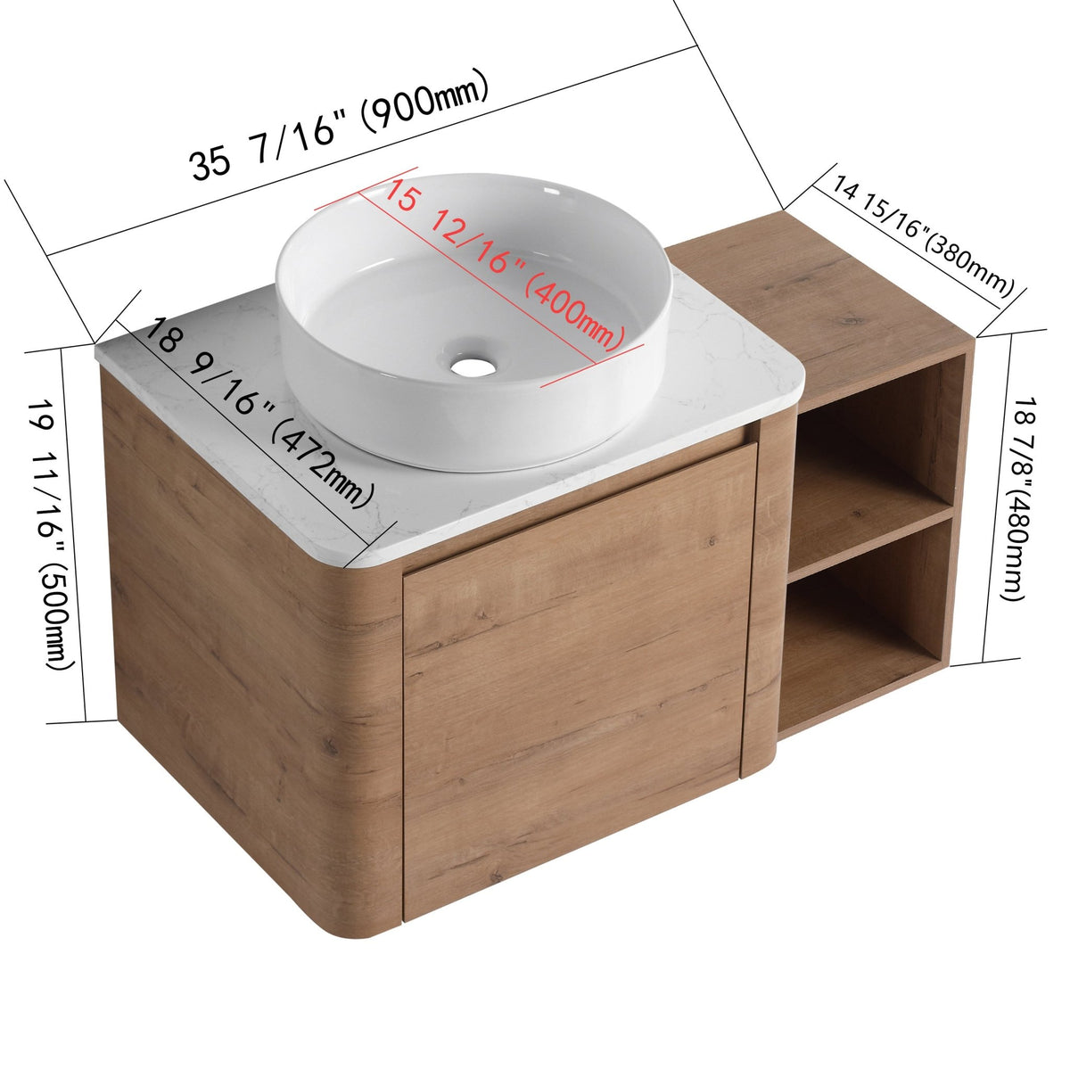 36'' Wall-Mounted Bathroom Vanity With Ceramic Art Sink, and Storage Shelves, Soft-Close Door, KD-Packing, Plywood - 1st Choice Furniture Direct