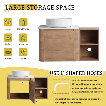 36'' Wall-Mounted Bathroom Vanity With Ceramic Art Sink, and Storage Shelves, Soft-Close Door, KD-Packing, Plywood - 1st Choice Furniture Direct