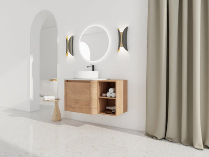 36'' Wall-Mounted Bathroom Vanity With Ceramic Art Sink, and Storage Shelves, Soft-Close Door, KD-Packing, Plywood - 1st Choice Furniture Direct