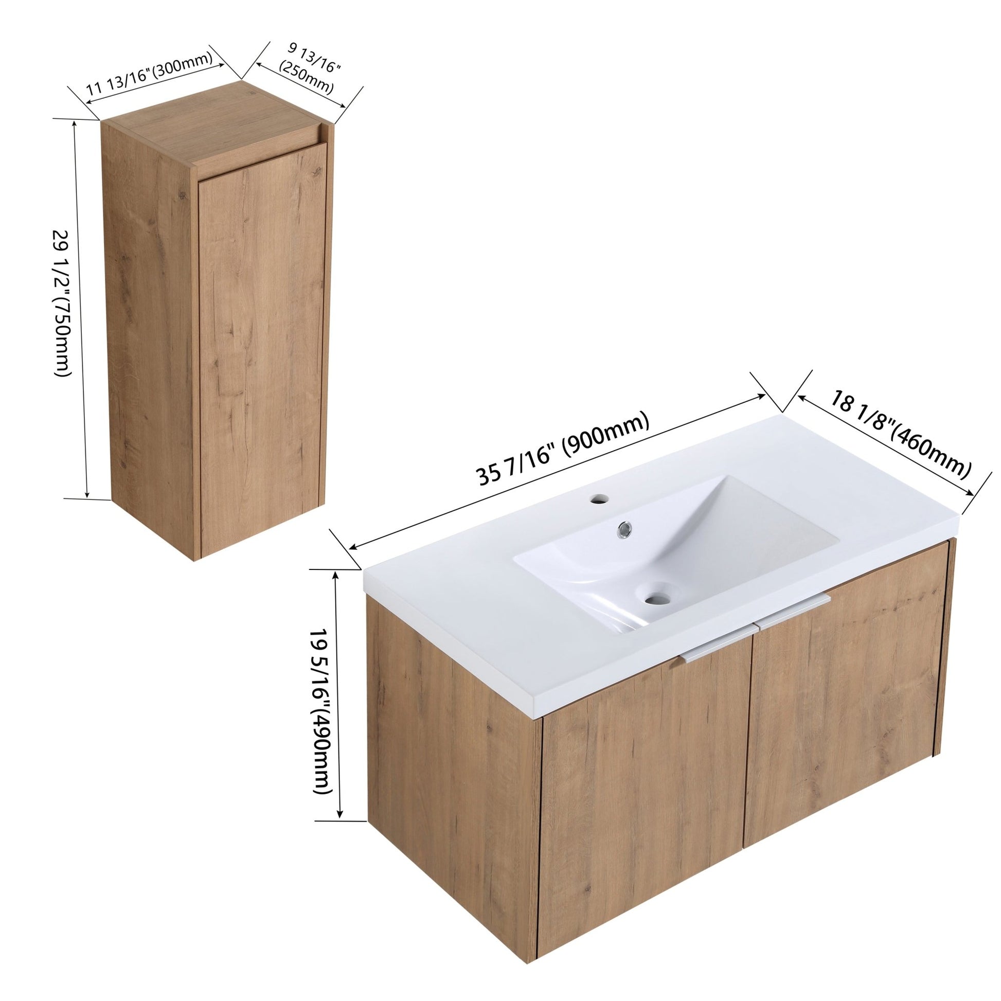 36' Wall - Mounted Bathroom Vanity With Sink and Side Cabinet, Soft Close Doors,00112IMO - 00636IMO Combination Cabinet(KD - Packing) - 1st Choice Furniture Direct