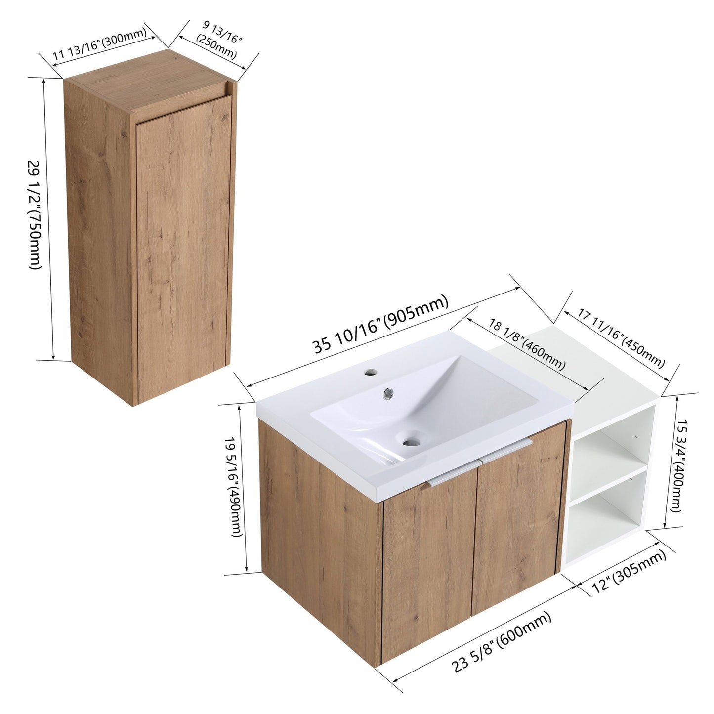 36' Wall - Mounted Bathroom Vanity With Sink and Side Cabinet, Soft Close Doors,00112IMO - 0624IMO - 0612GWH Combination Cabinet(KD - Packing) - 1st Choice Furniture Direct