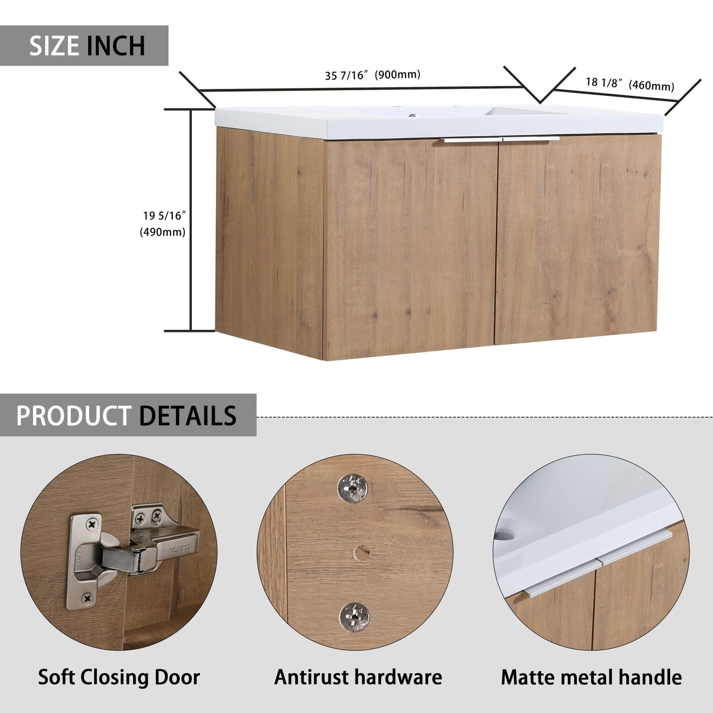 36' Wall - Mounted Bathroom Vanity With Sink and Side Cabinet, Soft Close Doors,00112IMO x 2 - 00636IMO Combination Cabinet(KD - Packing) - 1st Choice Furniture Direct