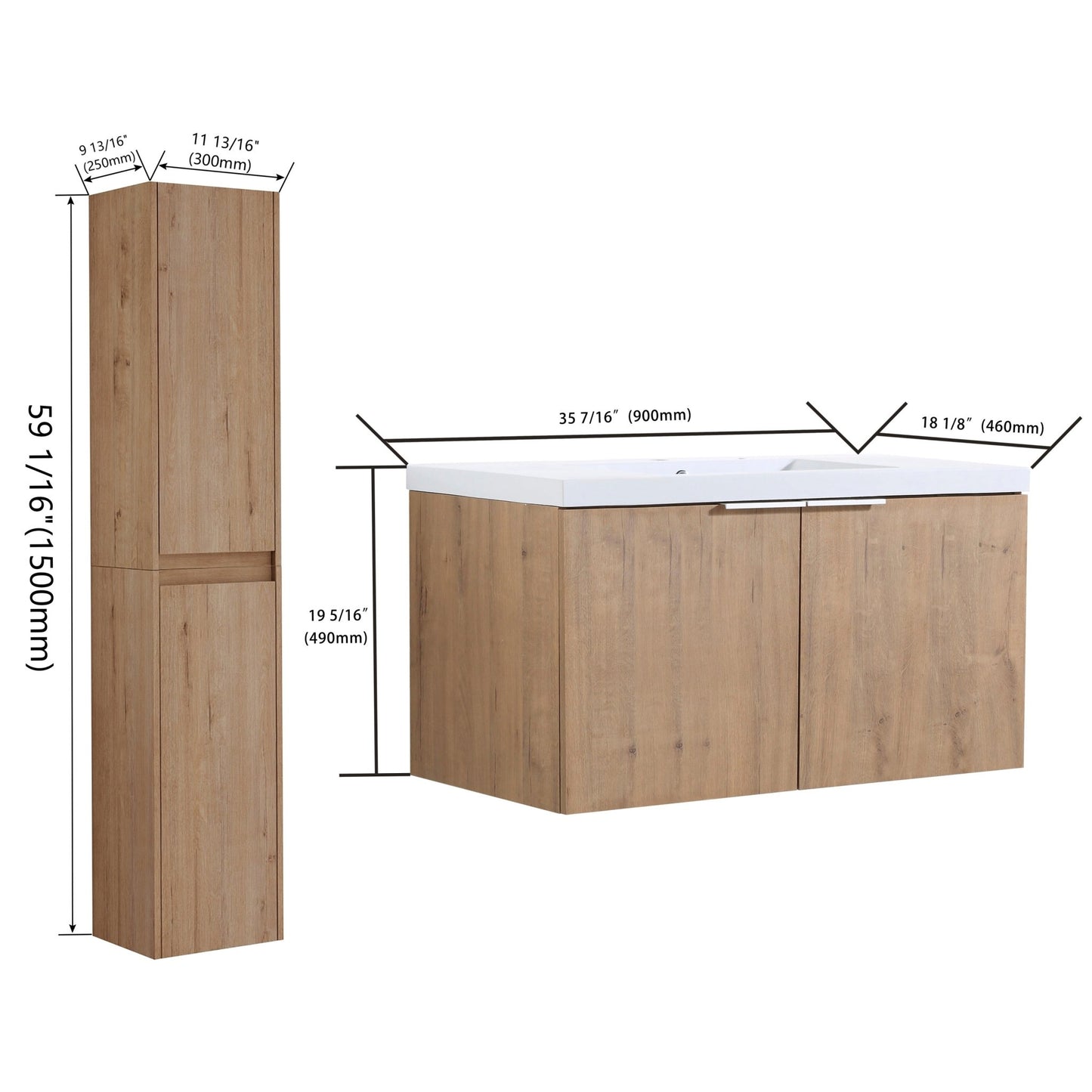36' Wall - Mounted Bathroom Vanity With Sink and Side Cabinet, Soft Close Doors,00112IMO x 2 - 00636IMO Combination Cabinet(KD - Packing) - 1st Choice Furniture Direct