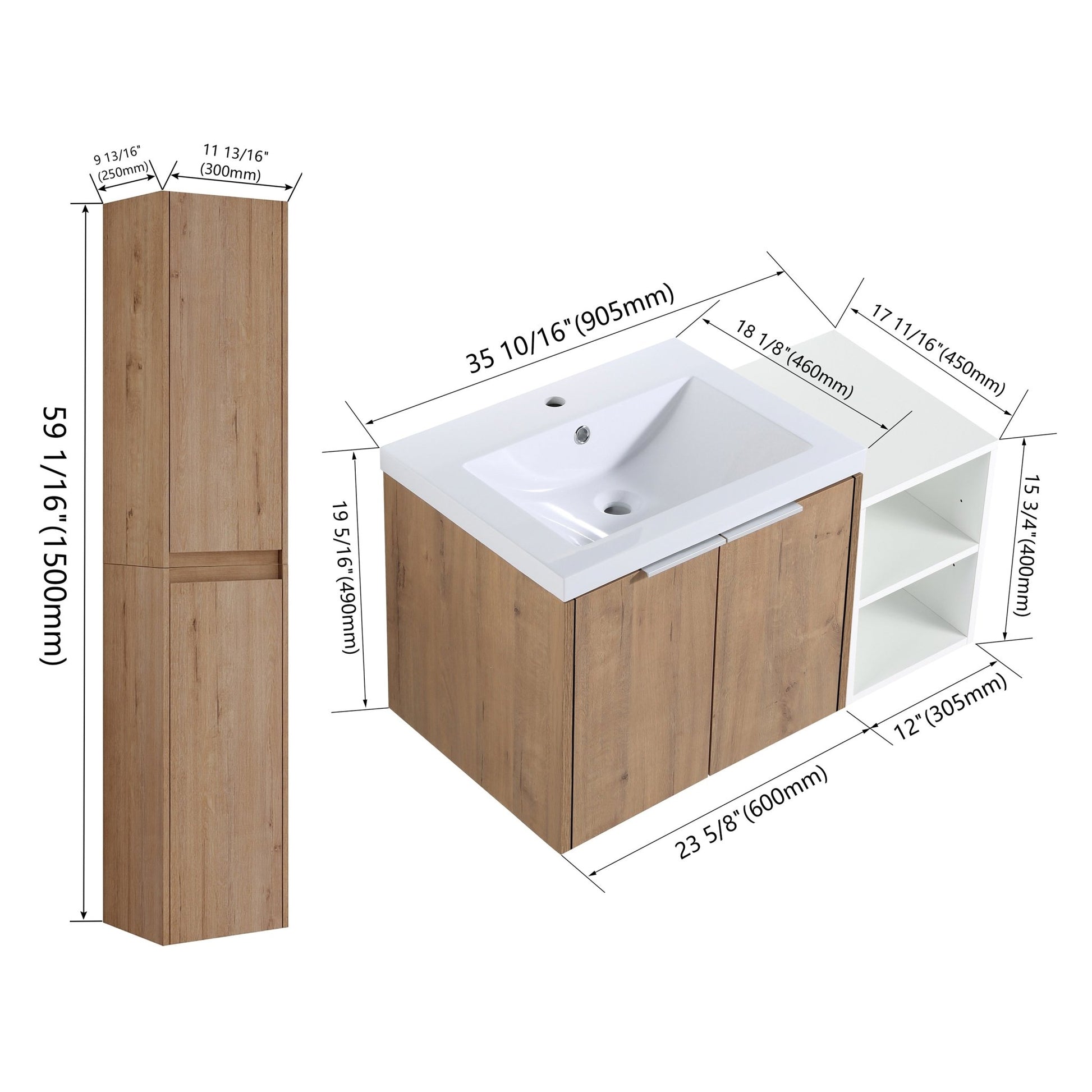 36' Wall - Mounted Bathroom Vanity With Sink and Side Cabinet, Soft Close Doors,00112IMOx2 - 0624IMO - 0612GWH Combination Cabinet(KD - Packing) - 1st Choice Furniture Direct
