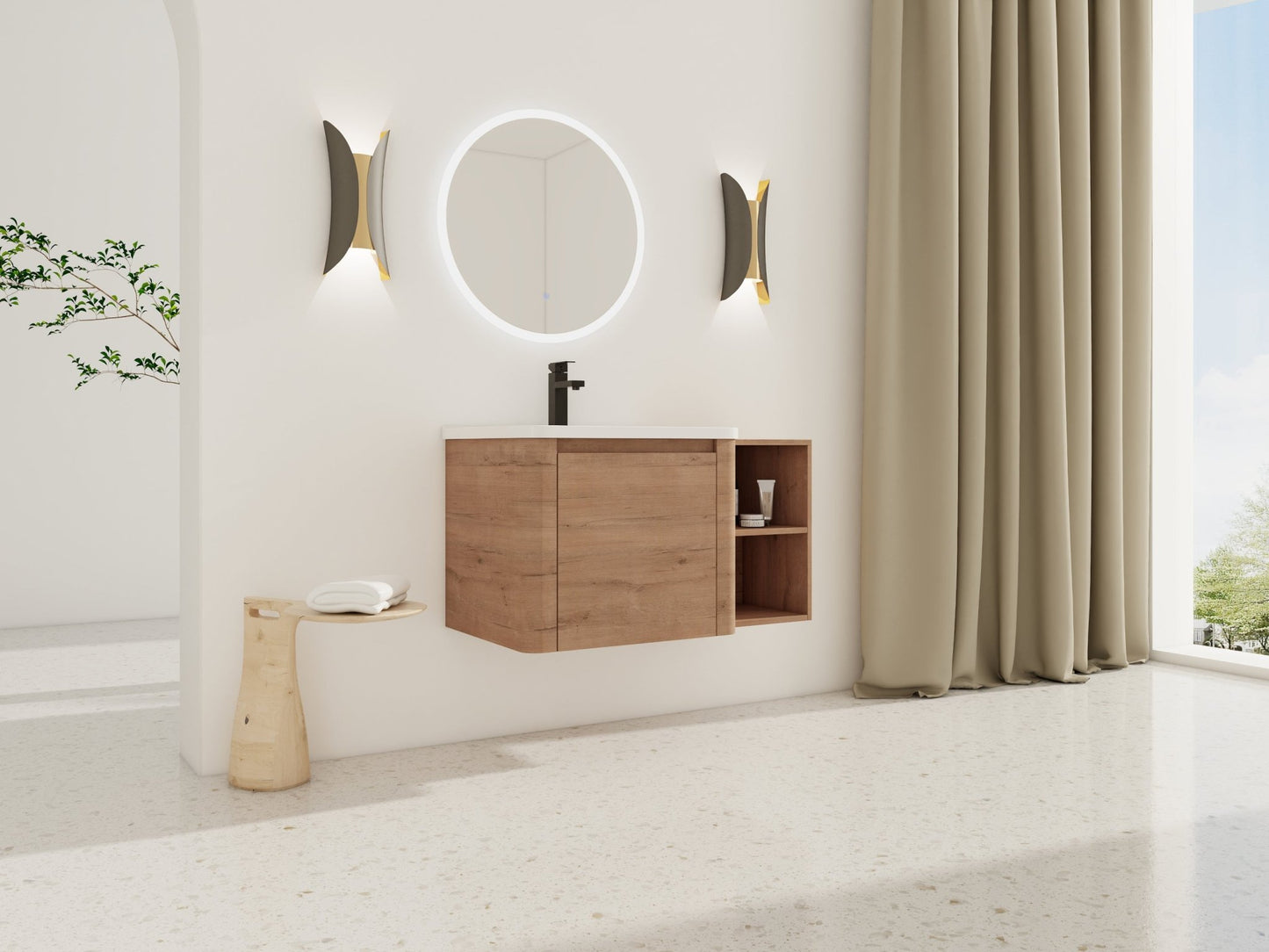 36'' Wall-Mounted Bathroom Vanity with White Ceramic Sink and Storage Shelves & 1-Soft-Close Door, KD-Packing, Plywood - 1st Choice Furniture Direct