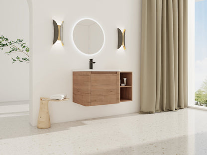36'' Wall-Mounted Bathroom Vanity with White Ceramic Sink and Storage Shelves & 1-Soft-Close Door, KD-Packing, Plywood - 1st Choice Furniture Direct