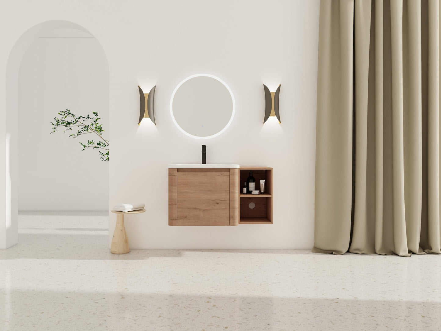 36'' Wall-Mounted Bathroom Vanity with White Ceramic Sink and Storage Shelves & 1-Soft-Close Door, KD-Packing, Plywood - 1st Choice Furniture Direct