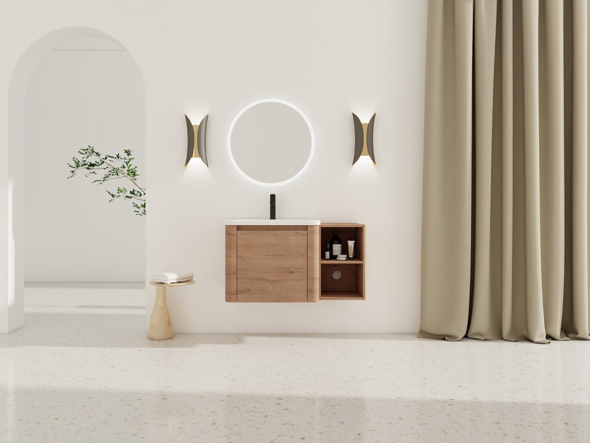 36'' Wall-Mounted Bathroom Vanity with White Ceramic Sink and Storage Shelves & 1-Soft-Close Door, KD-Packing, Plywood - 1st Choice Furniture Direct