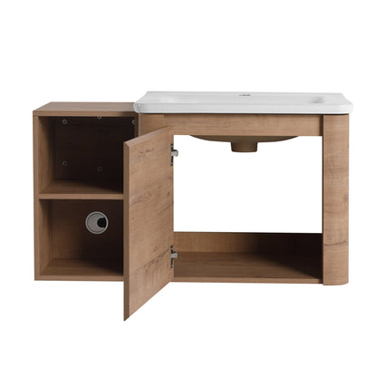 36'' Wall-Mounted Bathroom Vanity with White Ceramic Sink and Storage Shelves & 1-Soft-Close Door, KD-Packing, Plywood - 1st Choice Furniture Direct
