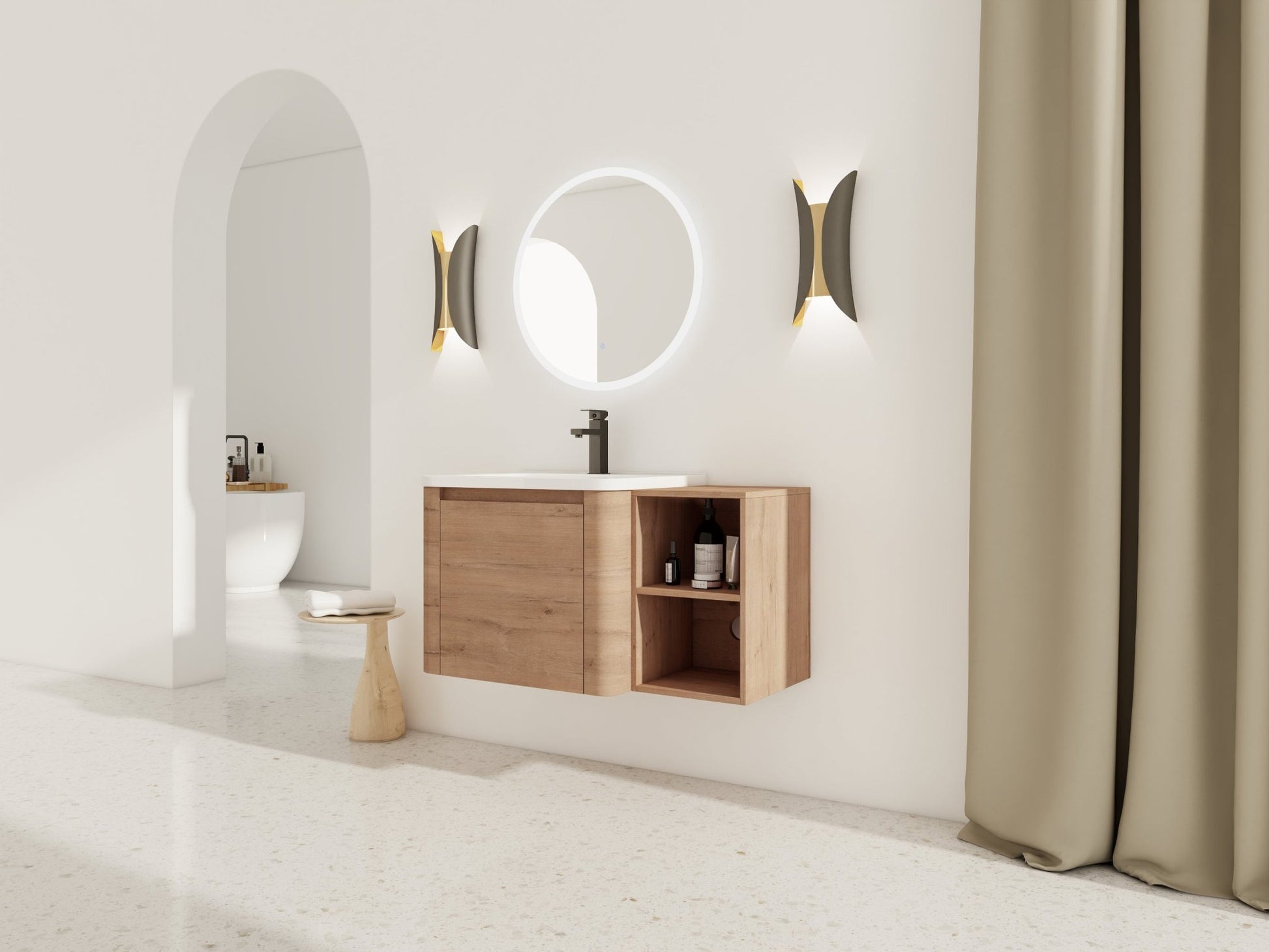 36'' Wall-Mounted Bathroom Vanity with White Ceramic Sink and Storage Shelves & 1-Soft-Close Door, KD-Packing, Plywood - 1st Choice Furniture Direct