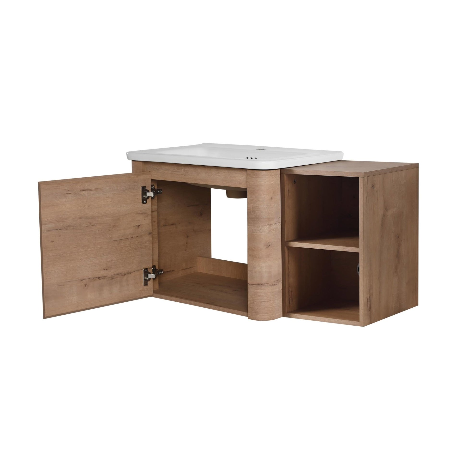36'' Wall-Mounted Bathroom Vanity with White Ceramic Sink and Storage Shelves & 1-Soft-Close Door, KD-Packing, Plywood - 1st Choice Furniture Direct