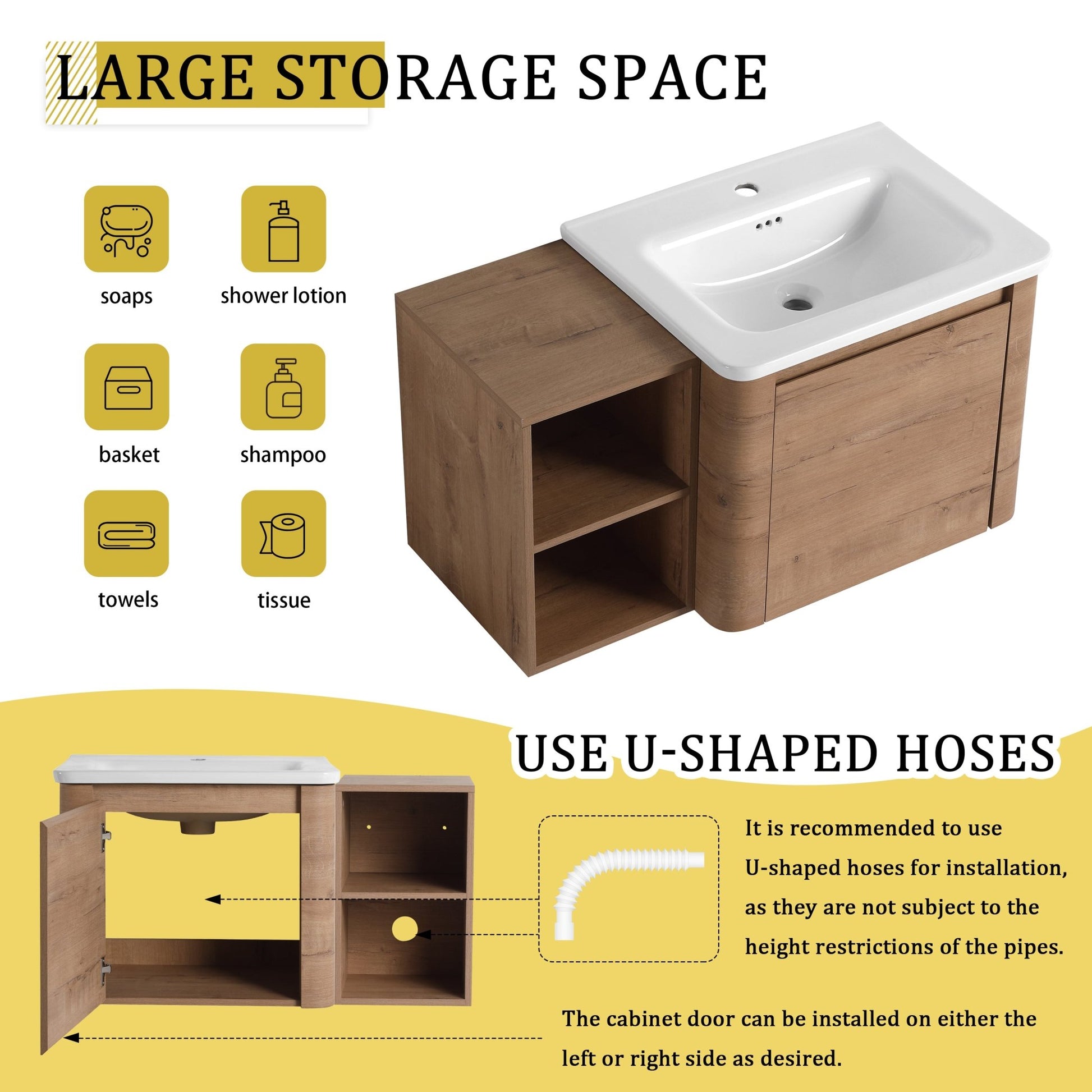 36'' Wall-Mounted Bathroom Vanity with White Ceramic Sink and Storage Shelves & 1-Soft-Close Door, KD-Packing, Plywood - 1st Choice Furniture Direct