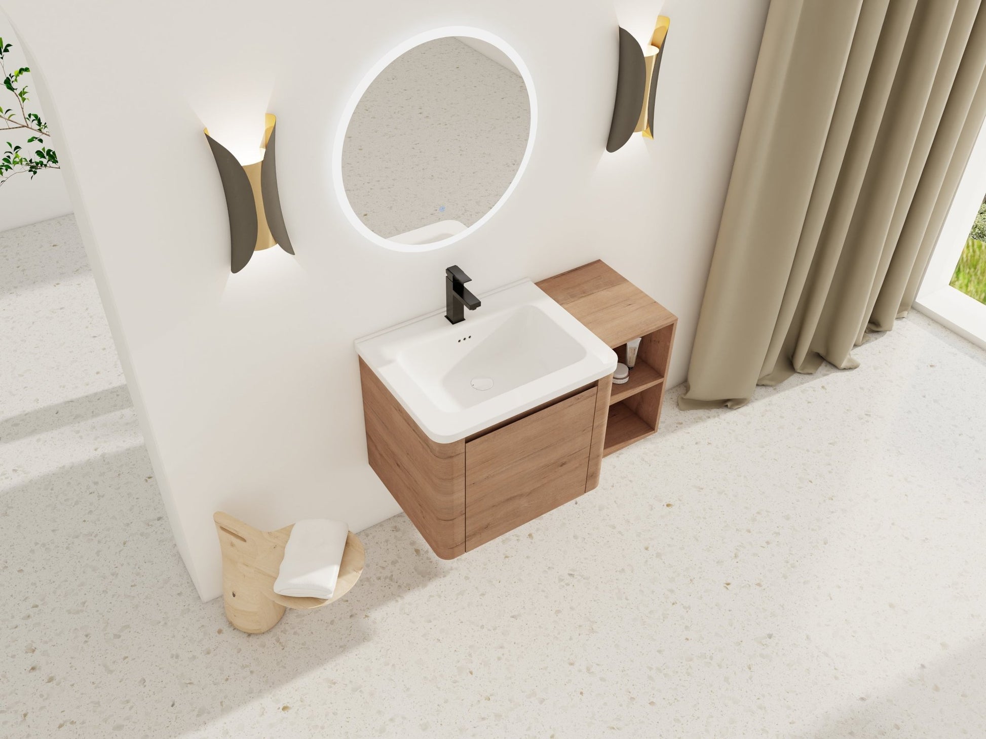 36'' Wall-Mounted Bathroom Vanity with White Ceramic Sink and Storage Shelves & 1-Soft-Close Door, KD-Packing, Plywood - 1st Choice Furniture Direct