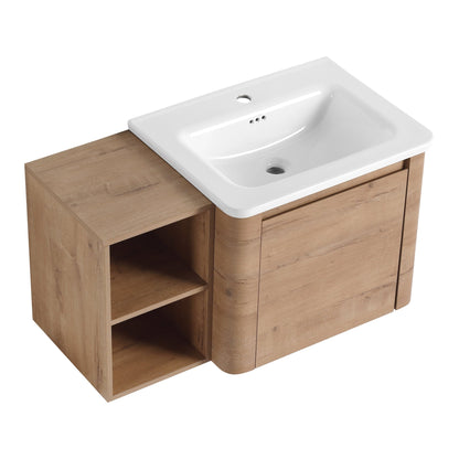 36'' Wall-Mounted Bathroom Vanity with White Ceramic Sink and Storage Shelves & 1-Soft-Close Door, KD-Packing, Plywood - 1st Choice Furniture Direct