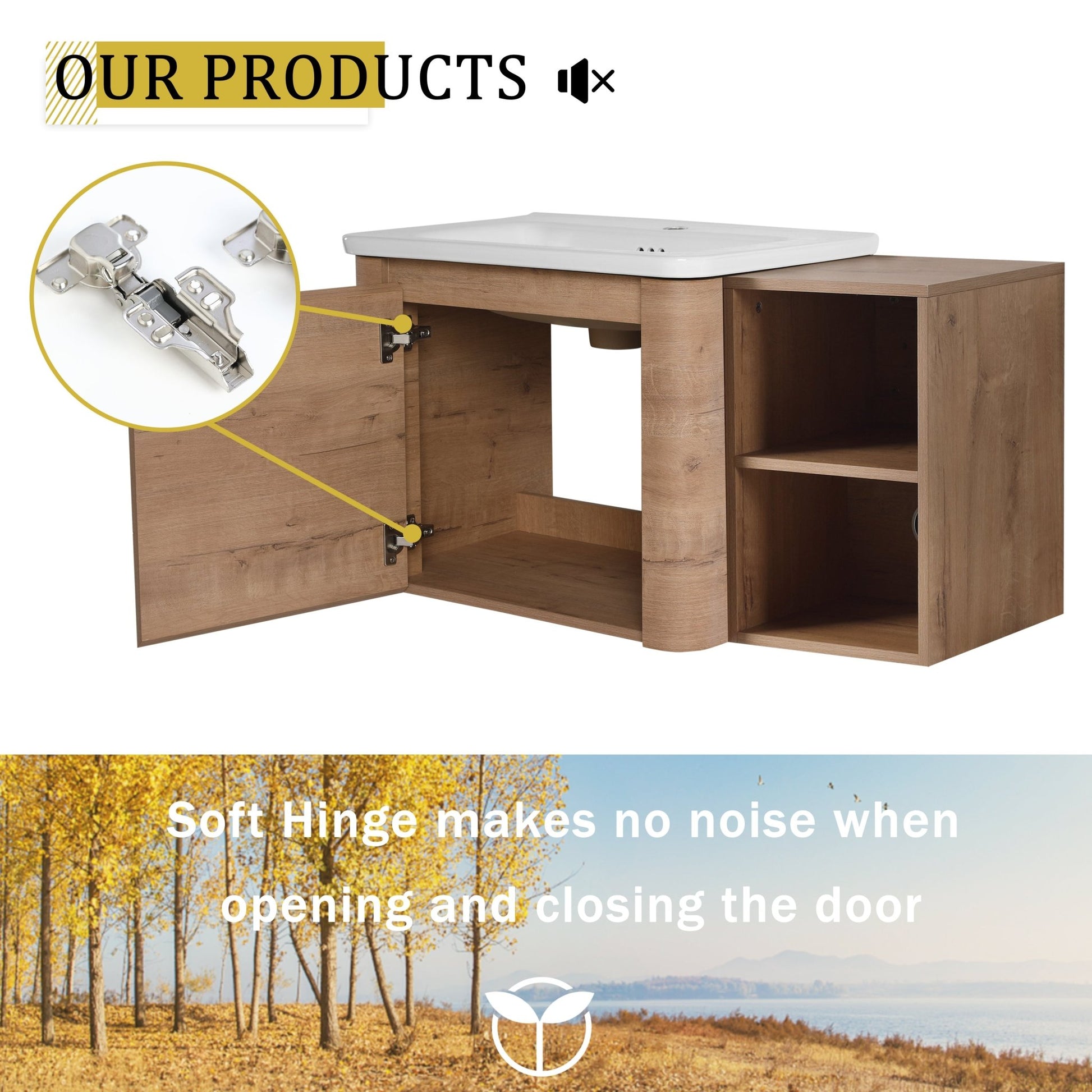 36'' Wall-Mounted Bathroom Vanity with White Ceramic Sink and Storage Shelves & 1-Soft-Close Door, KD-Packing, Plywood - 1st Choice Furniture Direct