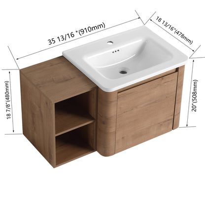 36'' Wall-Mounted Bathroom Vanity with White Ceramic Sink and Storage Shelves & 1-Soft-Close Door, KD-Packing, Plywood - 1st Choice Furniture Direct