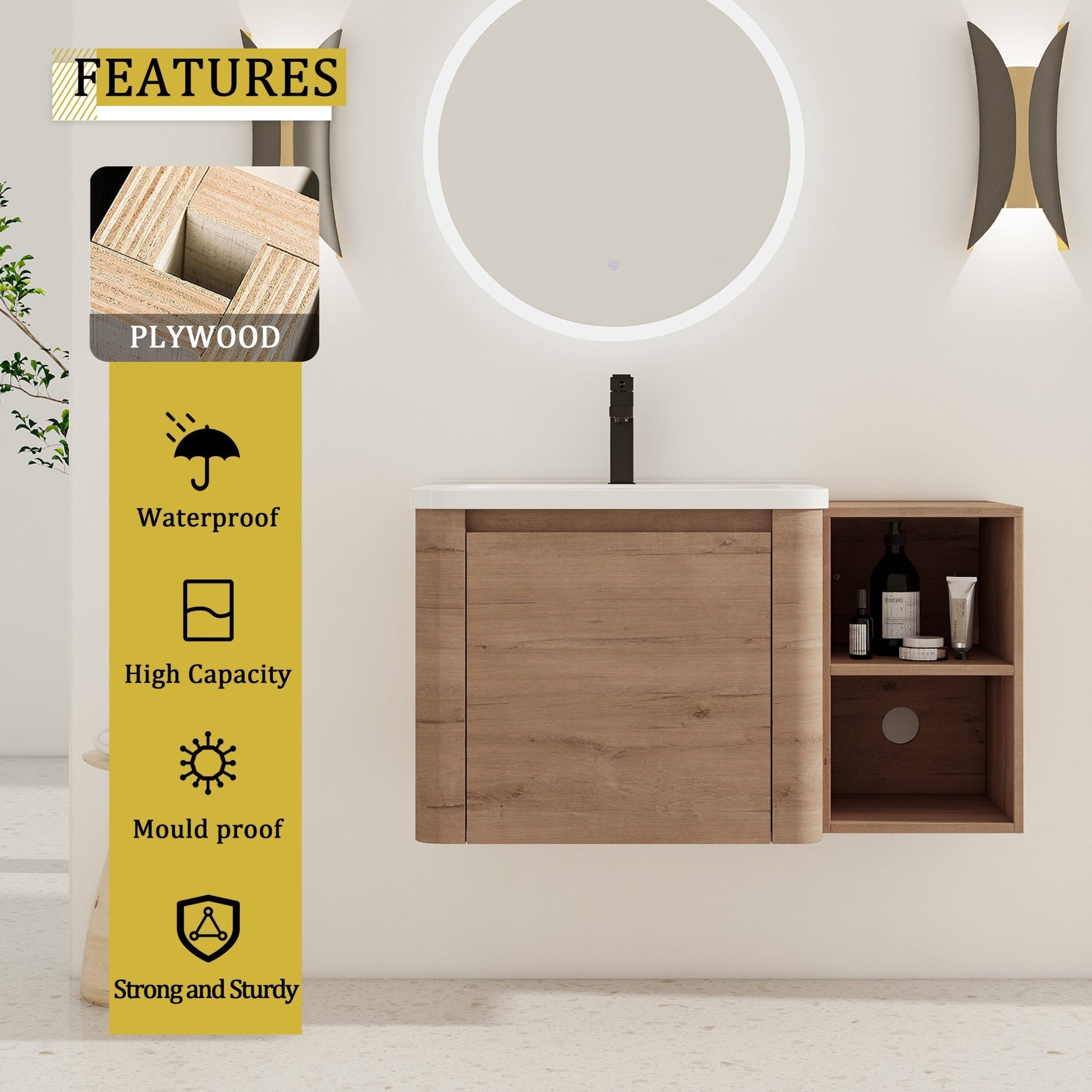 36'' Wall-Mounted Bathroom Vanity with White Ceramic Sink and Storage Shelves & 1-Soft-Close Door, KD-Packing, Plywood - 1st Choice Furniture Direct