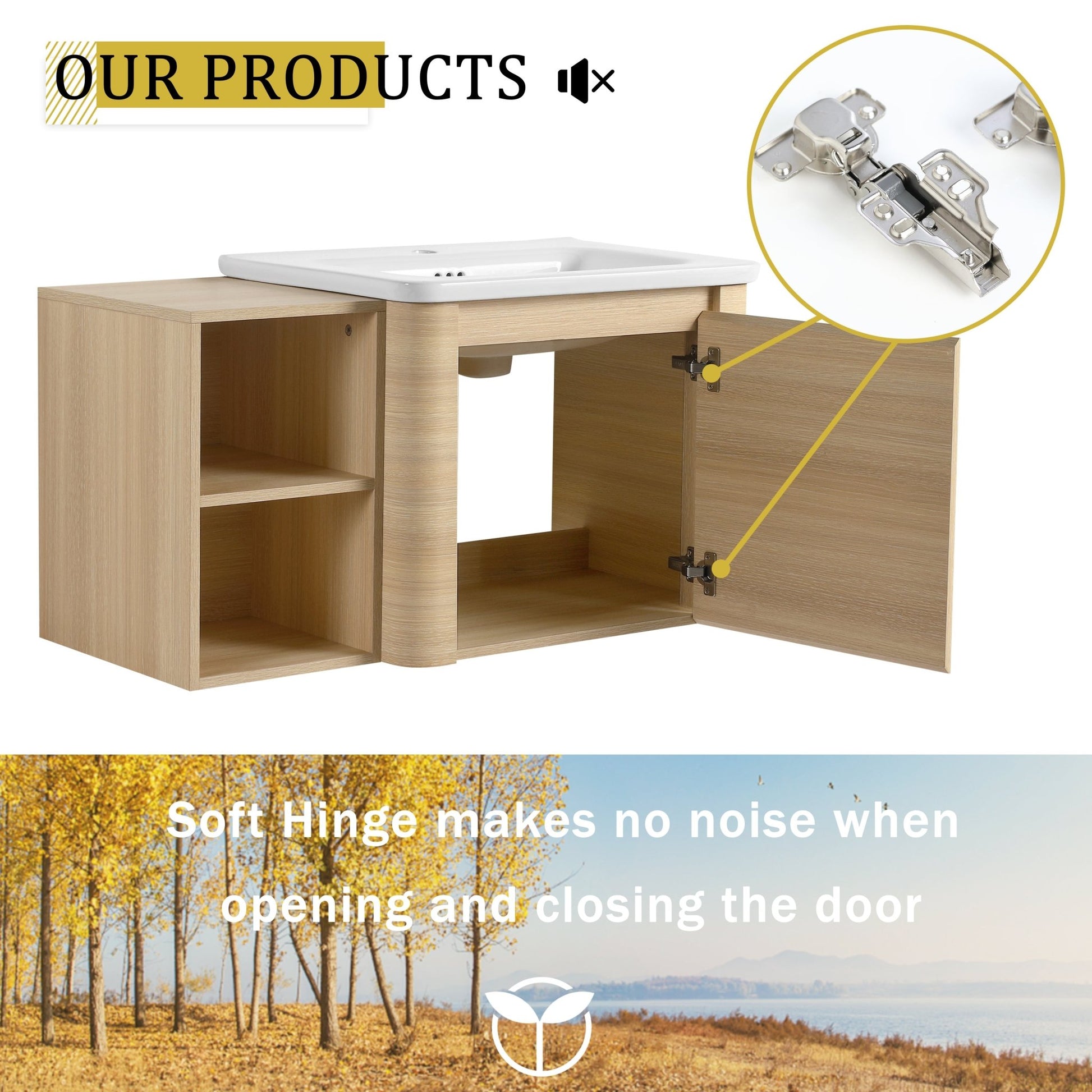 36'' Wall - Mounted Bathroom Vanity with White Ceramic Sink and Storage Shelves & 1 - Soft - Close Door, KD - Packing, Plywood, American White Oak - 1st Choice Furniture Direct