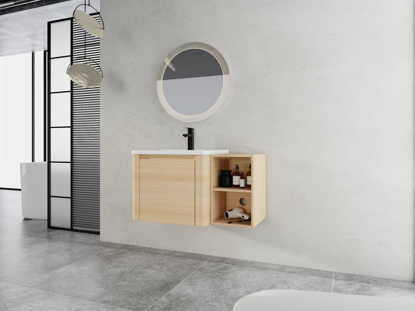 36'' Wall - Mounted Bathroom Vanity with White Ceramic Sink and Storage Shelves & 1 - Soft - Close Door, KD - Packing, Plywood, American White Oak - 1st Choice Furniture Direct