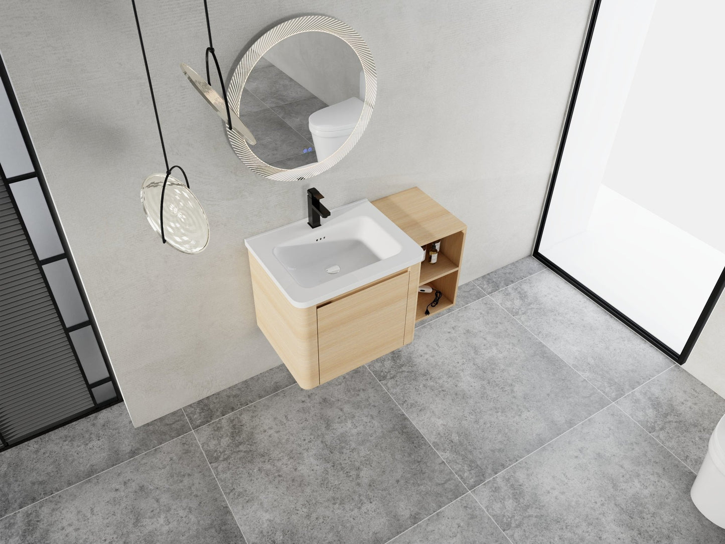 36'' Wall - Mounted Bathroom Vanity with White Ceramic Sink and Storage Shelves & 1 - Soft - Close Door, KD - Packing, Plywood, American White Oak - 1st Choice Furniture Direct