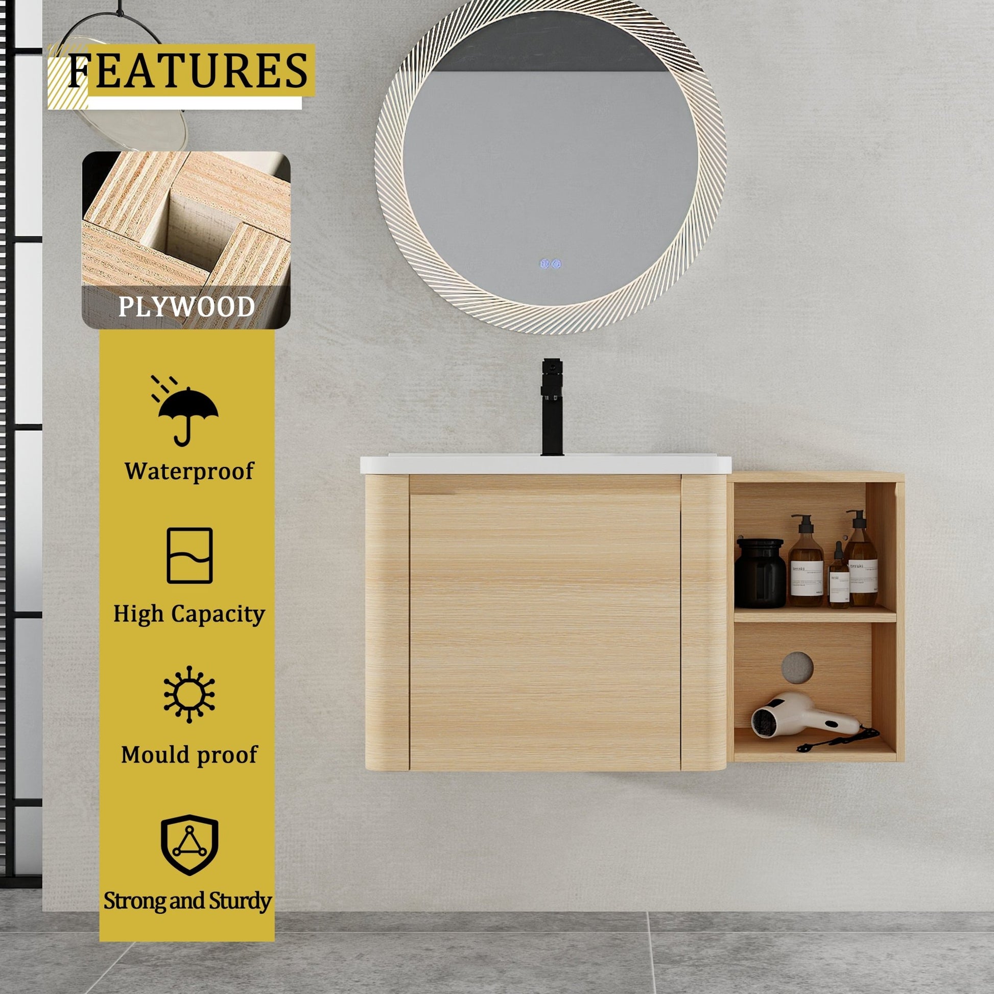 36'' Wall - Mounted Bathroom Vanity with White Ceramic Sink and Storage Shelves & 1 - Soft - Close Door, KD - Packing, Plywood, American White Oak - 1st Choice Furniture Direct