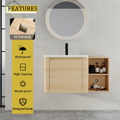 36'' Wall - Mounted Bathroom Vanity with White Ceramic Sink and Storage Shelves & 1 - Soft - Close Door, KD - Packing, Plywood, American White Oak - 1st Choice Furniture Direct